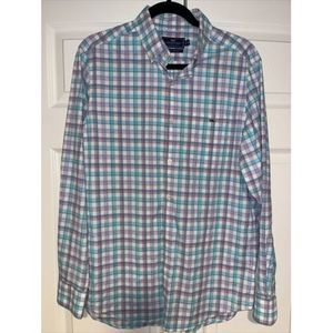 Vineyard Vines Performance Tucker Shirt Mens Med Blue/Pink Plaid Button Up W/Bag